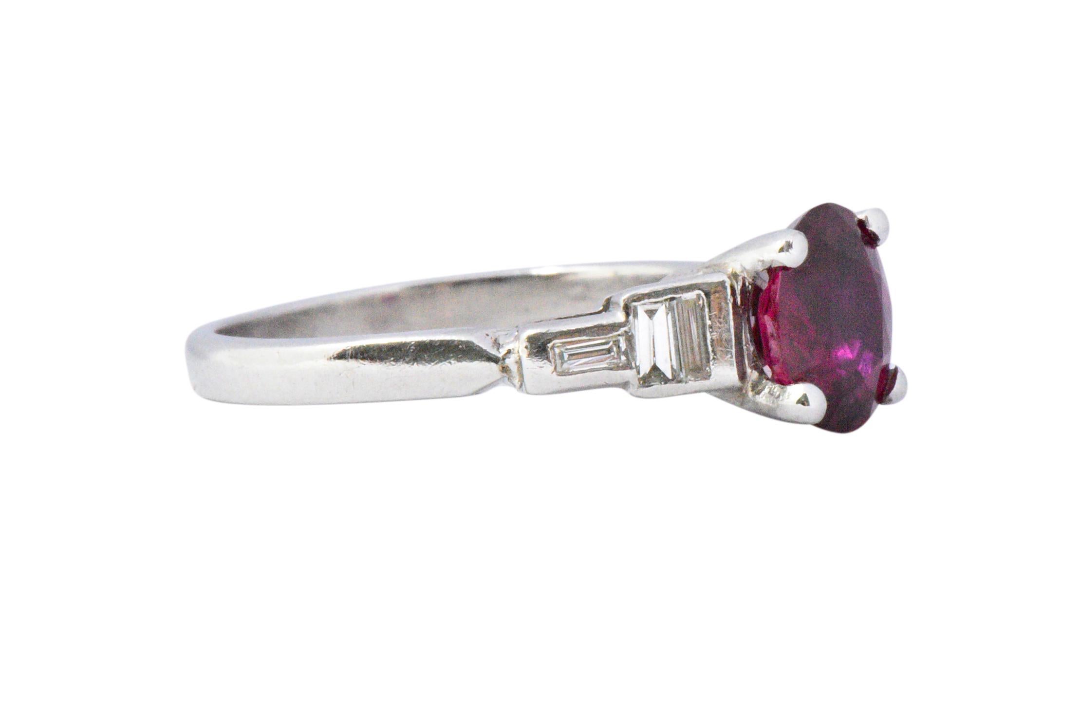 Oval Cut Bright Art Deco 1.61 Carats Ruby Diamond Platinum Cocktail Ring