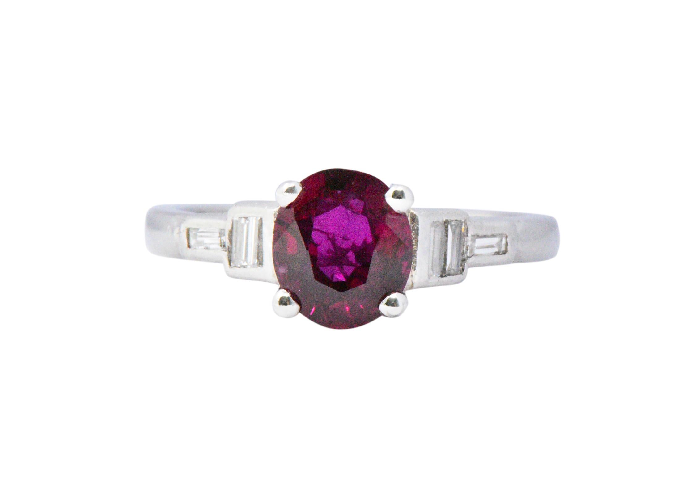 Women's or Men's Bright Art Deco 1.61 Carats Ruby Diamond Platinum Cocktail Ring