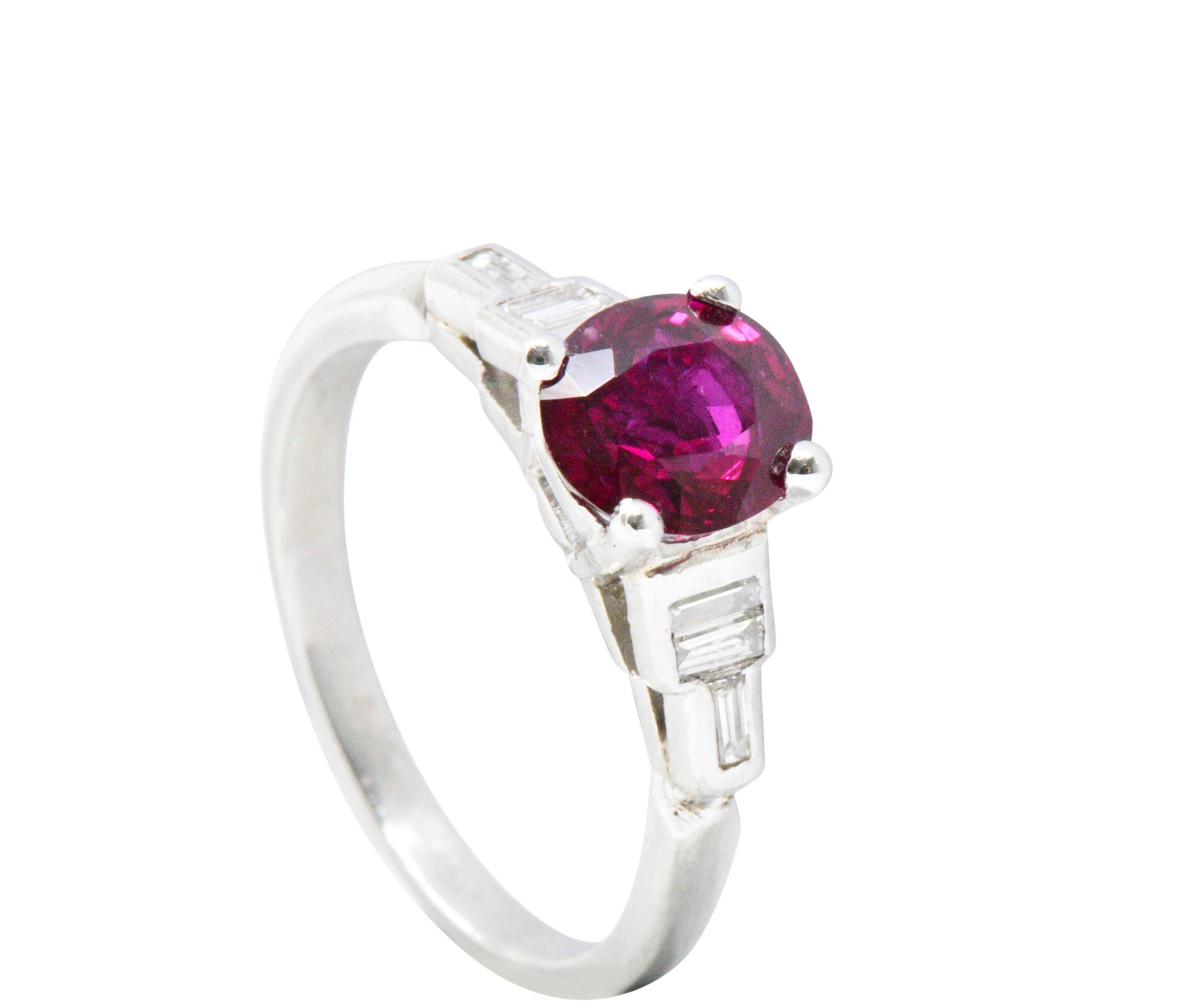 Bright Art Deco 1.61 Carats Ruby Diamond Platinum Cocktail Ring 1