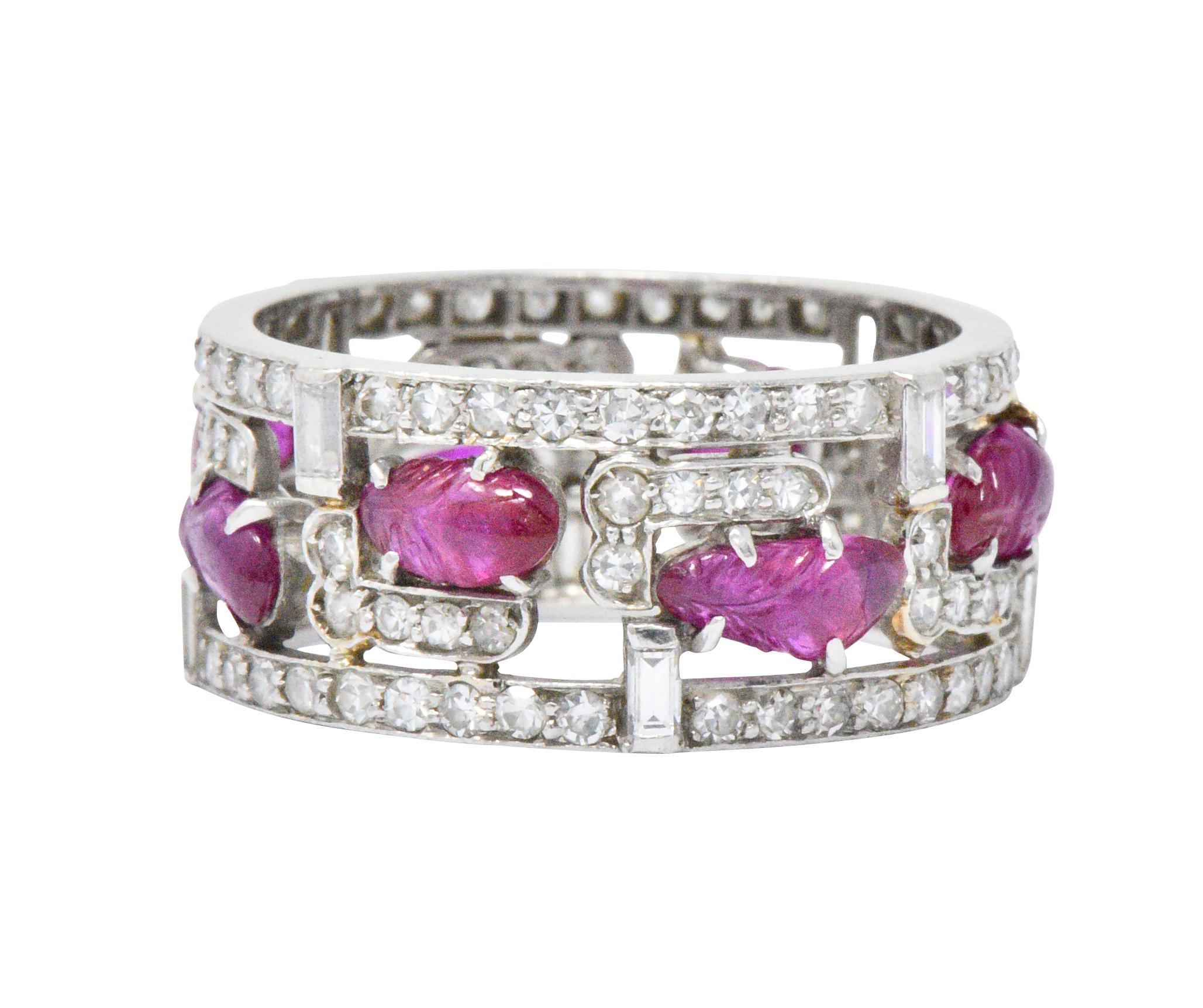 Women's or Men's Bright Art Deco Diamond Carved Burmese Ruby Platinum Band Ring