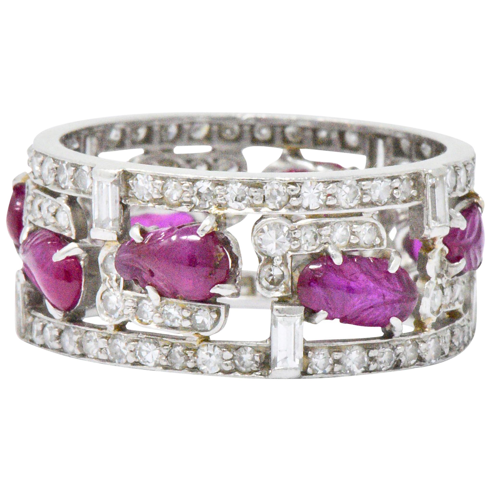 Bright Art Deco Diamond Carved Burmese Ruby Platinum Band Ring