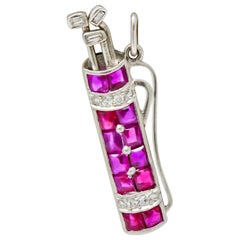 Bright Art Deco Large Ruby Diamond Platinum Golf Clubs and Bag Charm