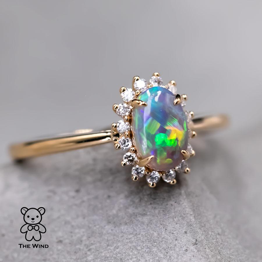Bright Australian Black Opal Diamond Halo Engagement Ring 18K Yellow Gold In New Condition For Sale In Suwanee, GA