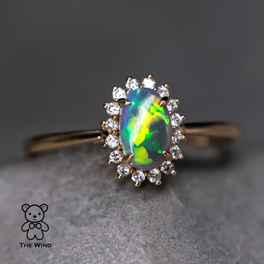 Women's Bright Australian Black Opal Diamond Halo Engagement Ring 18K Yellow Gold For Sale