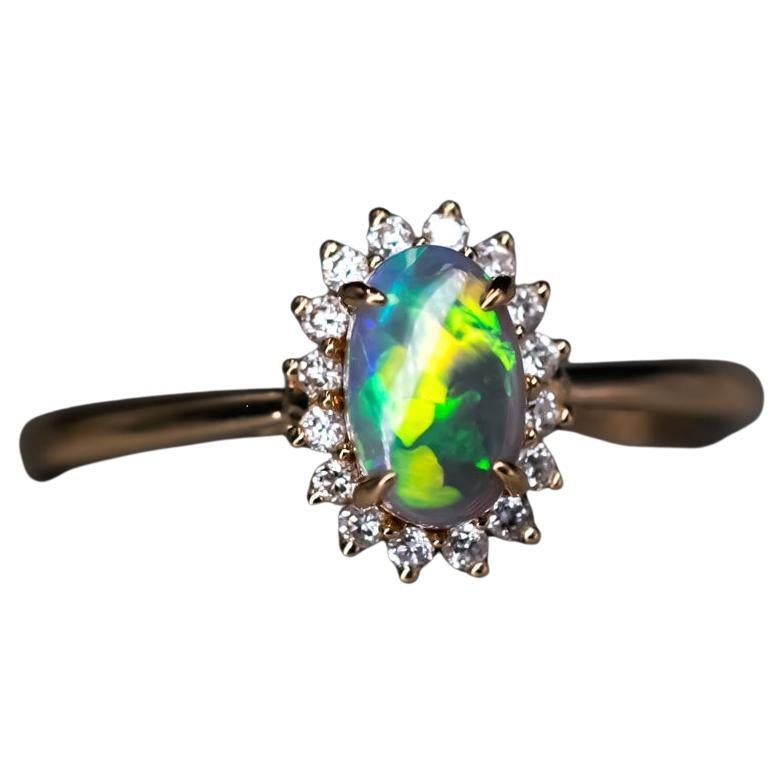 Bright Australian Black Opal Diamond Halo Engagement Ring 18K Yellow Gold For Sale