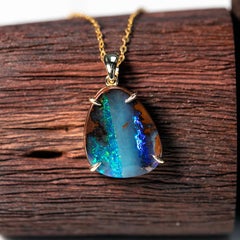 Bright Australian Boulder Opal Necklace Pendant 14K Yellow Gold