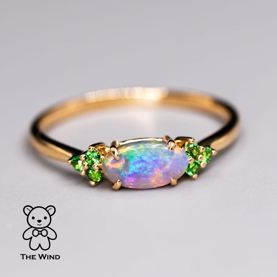 Artist Bright Australian Semi-Black Opal and Tsavorite Garnet Engagement Wedding Ring For Sale