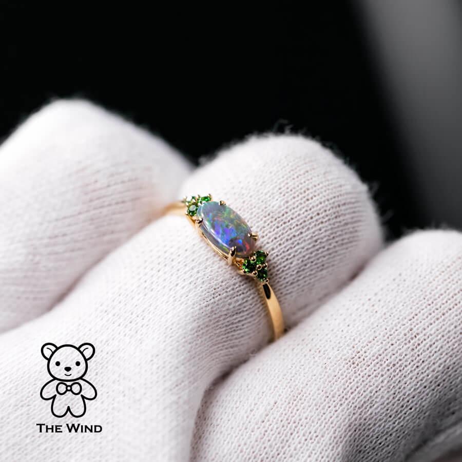 Brilliant Cut Bright Australian Semi-Black Opal and Tsavorite Garnet Engagement Wedding Ring For Sale
