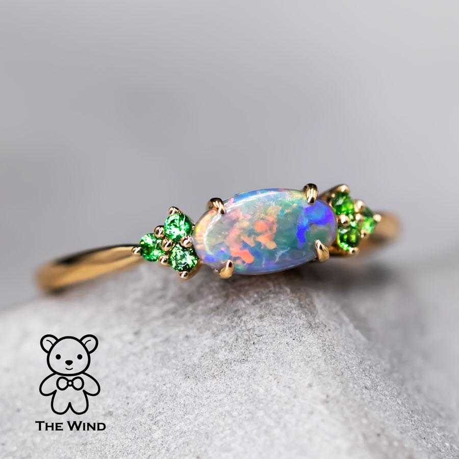 Brilliant Cut Bright Australian Semi-Black Opal and Tsavorite Garnet Engagement Wedding Ring For Sale