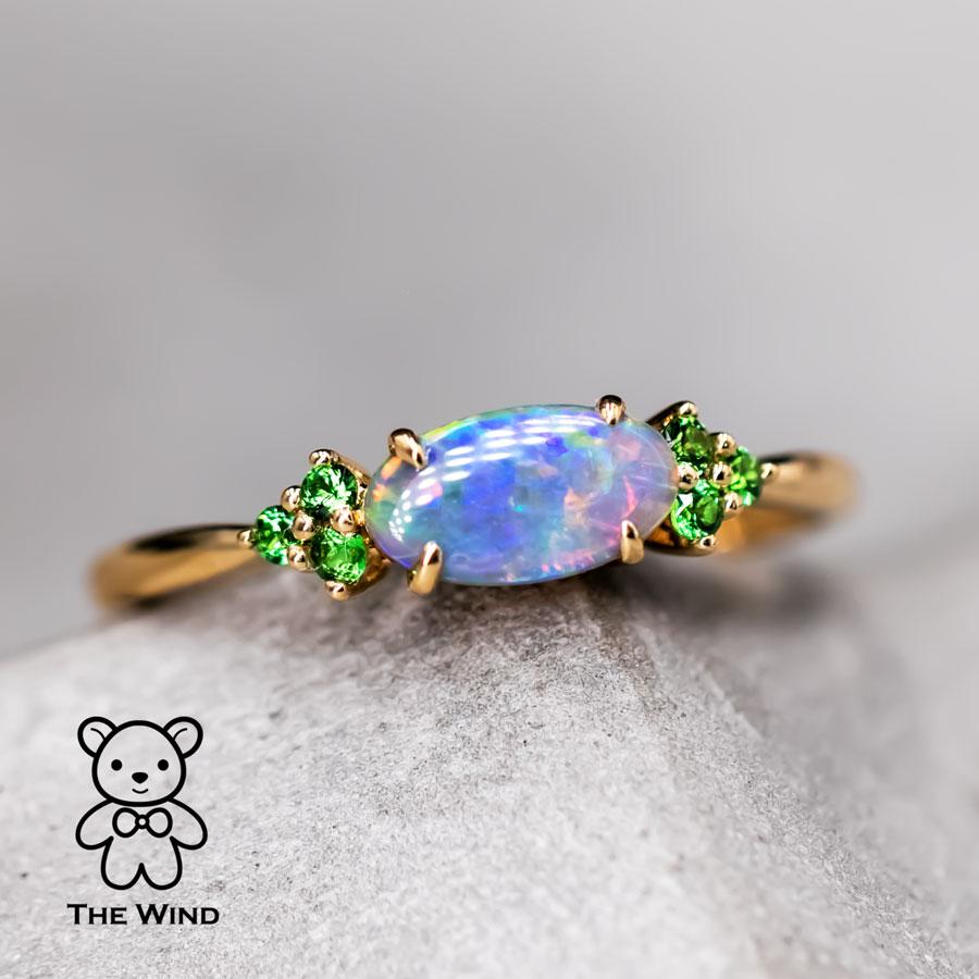Women's Bright Australian Semi-Black Opal and Tsavorite Garnet Engagement Wedding Ring For Sale