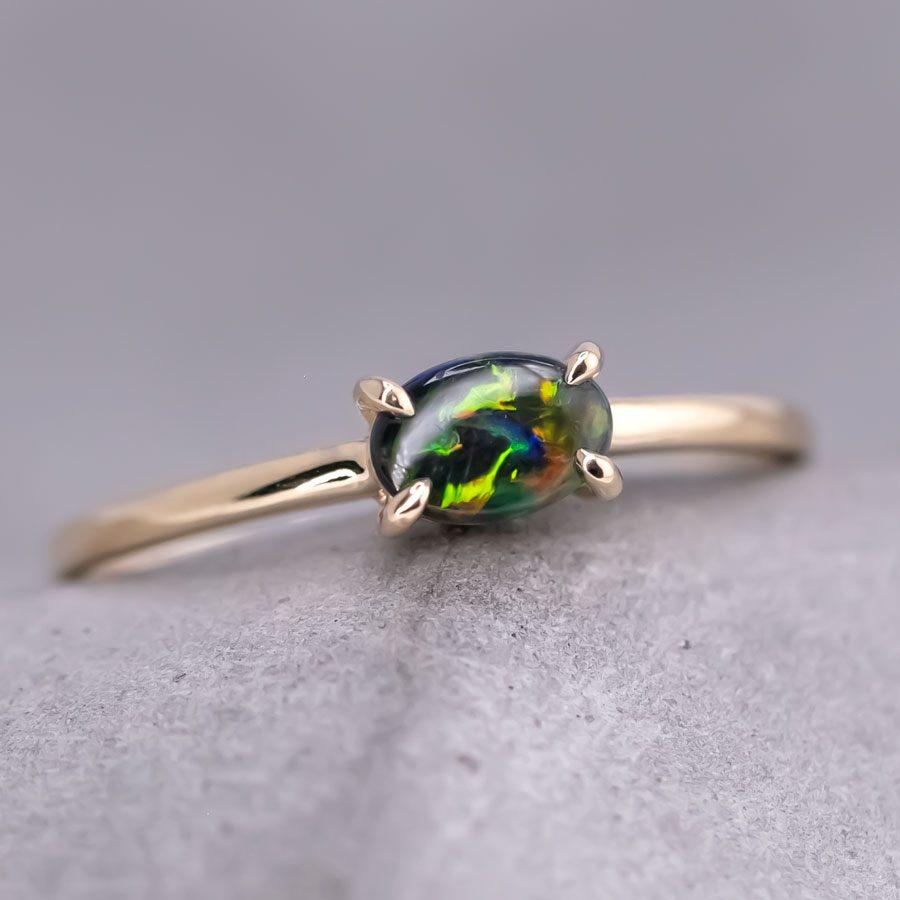 Arts and Crafts Bright Black Opal Band Engagement Ring 18K Yellow Gold For Sale