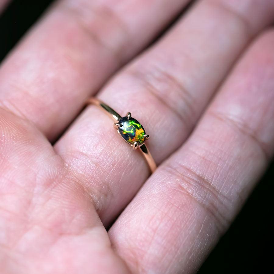 Brilliant Cut Bright Black Opal Band Engagement Ring 18K Yellow Gold For Sale