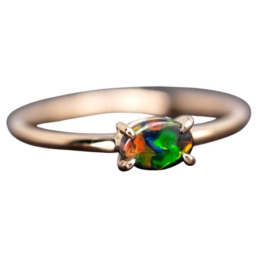 Bright Black Opal Band Engagement Ring 18K Yellow Gold