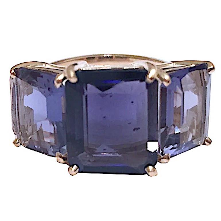 Emerald Cut Bright Blue and Bright Pink Topaz Emerald cut three stone ring For Sale