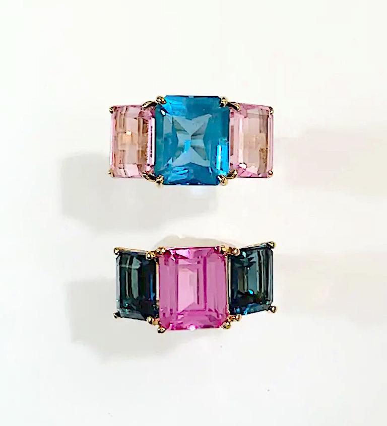 Bright Blue and Bright Pink Topaz Emerald cut three stone ring In New Condition For Sale In New York, NY