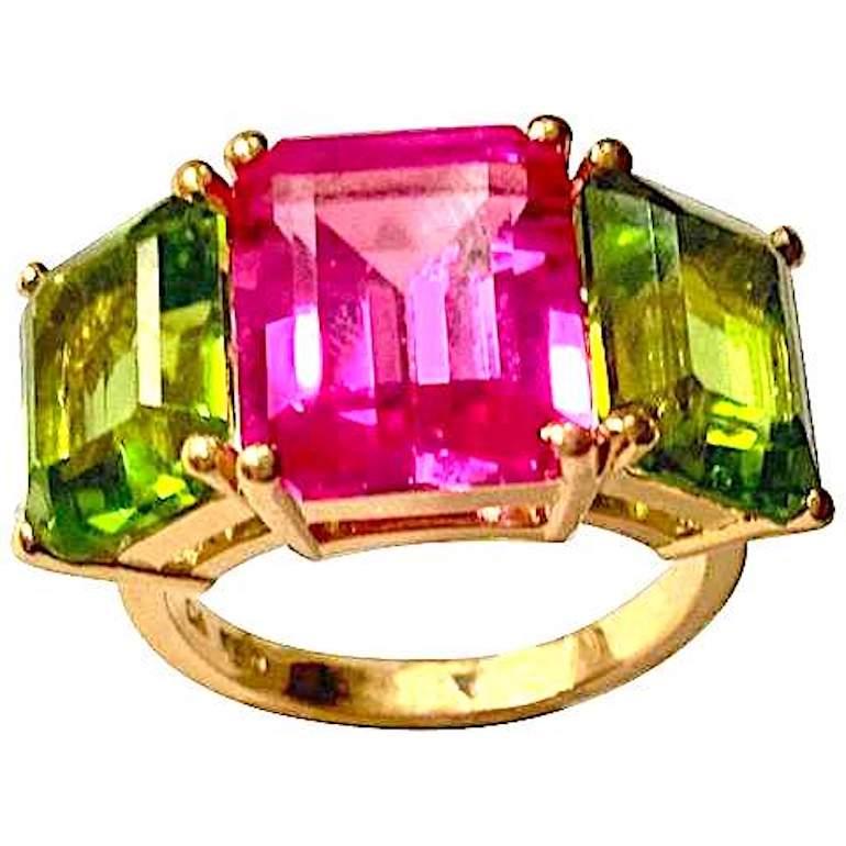 Women's Bright Blue and Bright Pink Topaz Emerald cut three stone ring For Sale