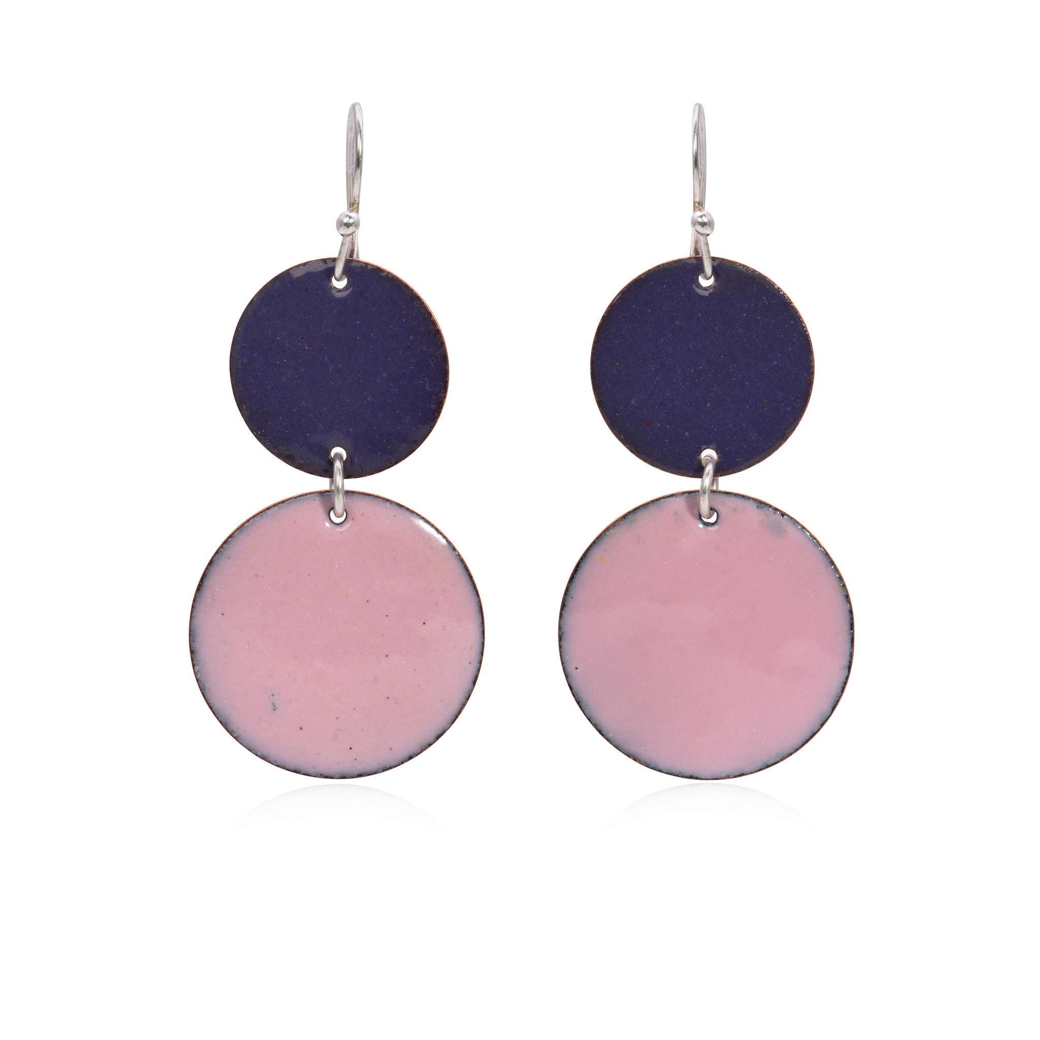 Women's Bright Blue and Pink Hand Painted Copper Enamel Discs with Sterling Silver For Sale