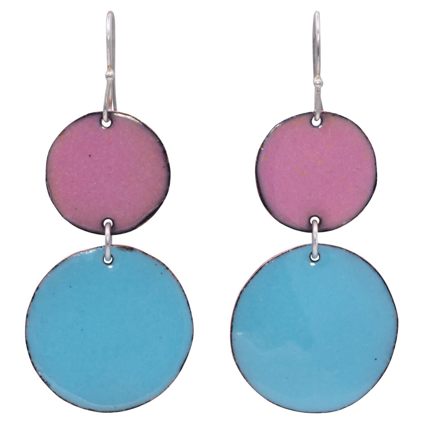 Bright Blue and Pink Hand Painted Copper Enamel Discs with Sterling Silver For Sale