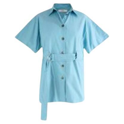 Bright Blue Belted Cotton Shirt For Sale