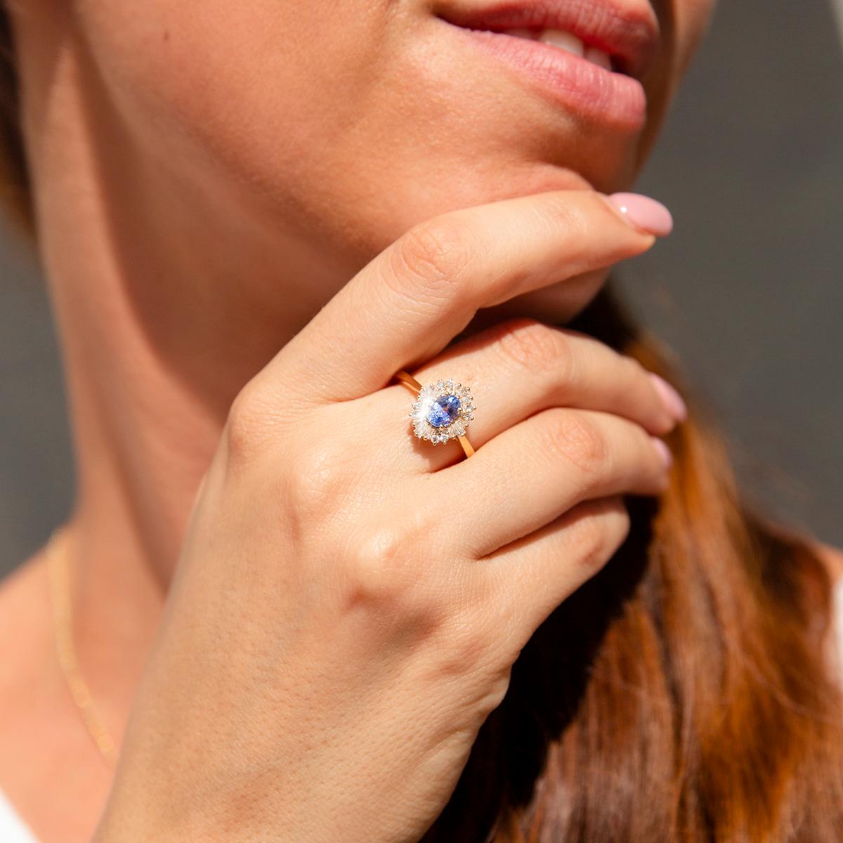 Women's Bright Blue Ceylon Sapphire and Diamond Contemporary 18 Carat Gold Halo Ring