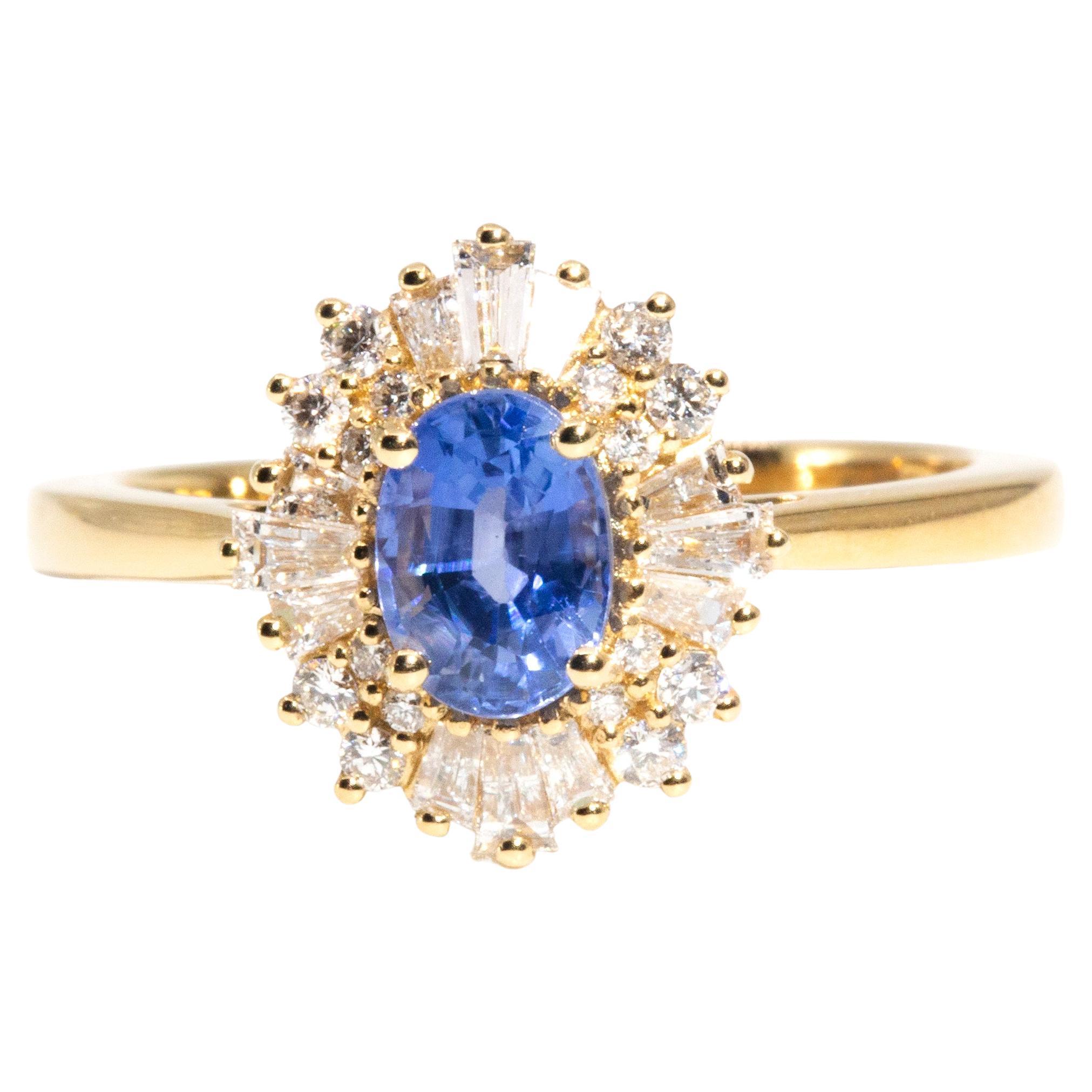 Bright Blue Ceylon Sapphire and Diamond Contemporary 18 Carat Gold Halo Ring
