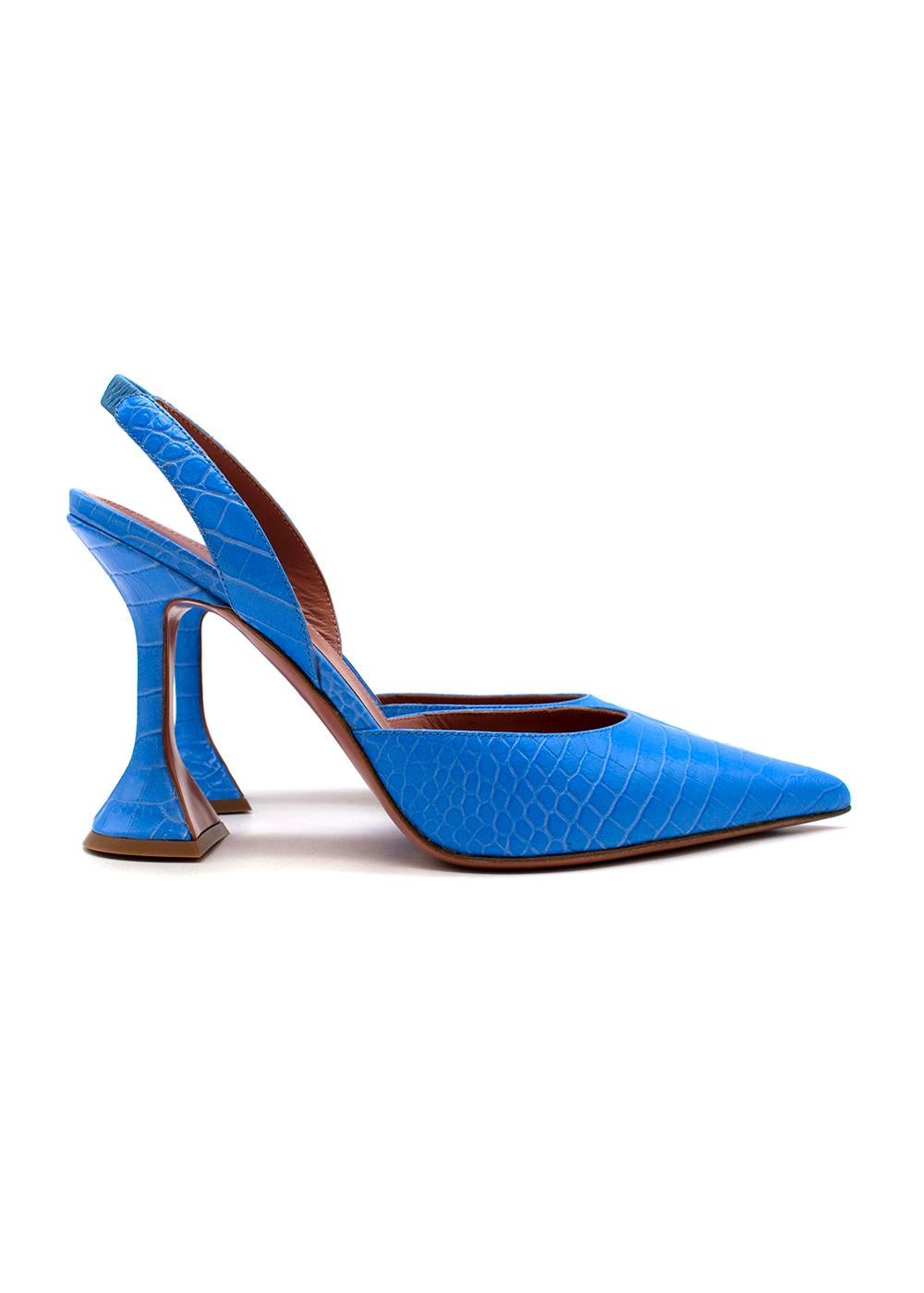 Amina Muaddi bright blue croc embossed leather Holli slingback heeled pumps

- Vivid, cornflower blue croc-effect leather body
- Sharply pointed toe contrasted with a d'Orsay slingback strap
- Set on the iconic martini-glass shaped stiletto heel
-