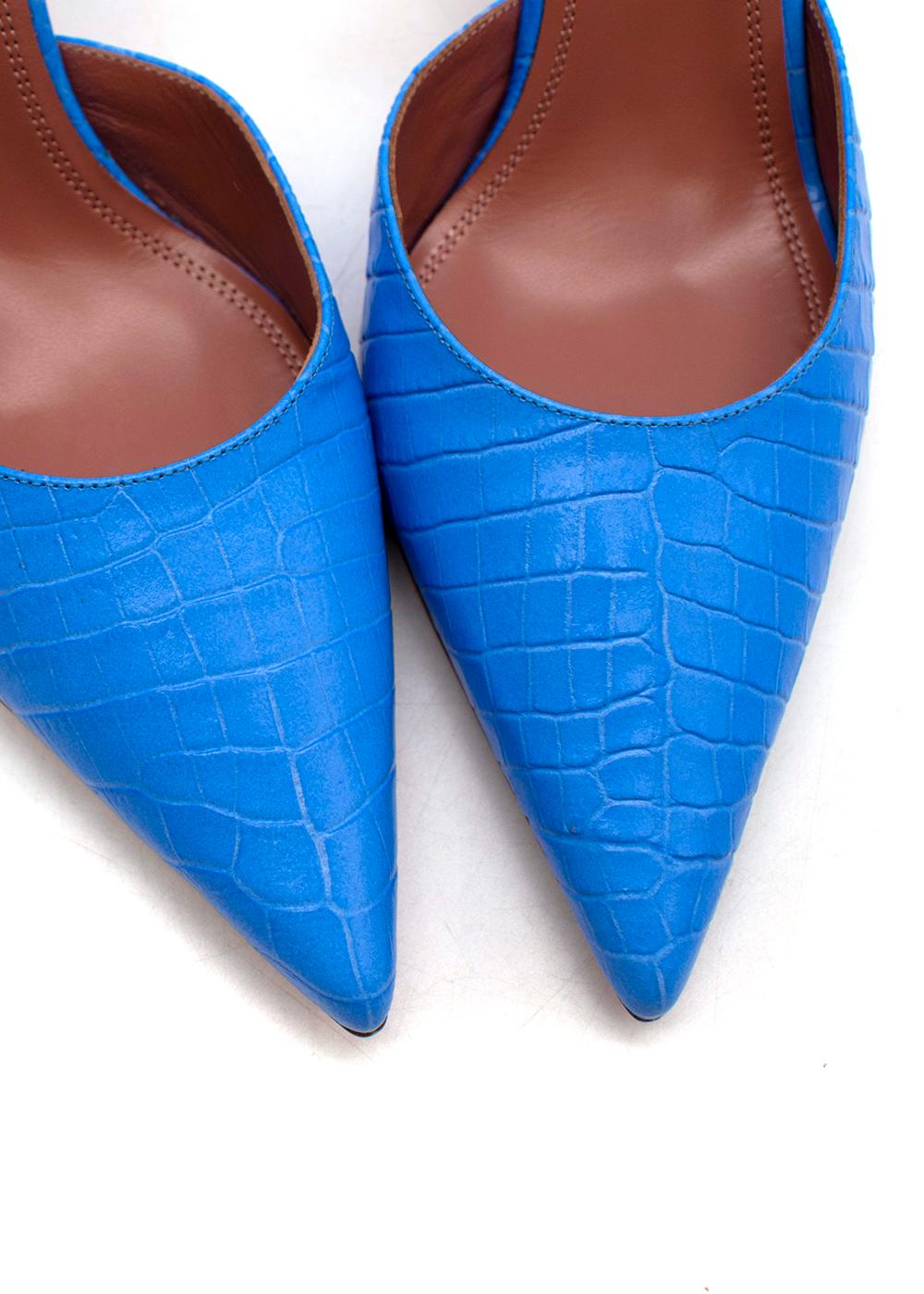 Bright blue croc embossed leather Holli slingback heeled pumps In New Condition For Sale In London, GB