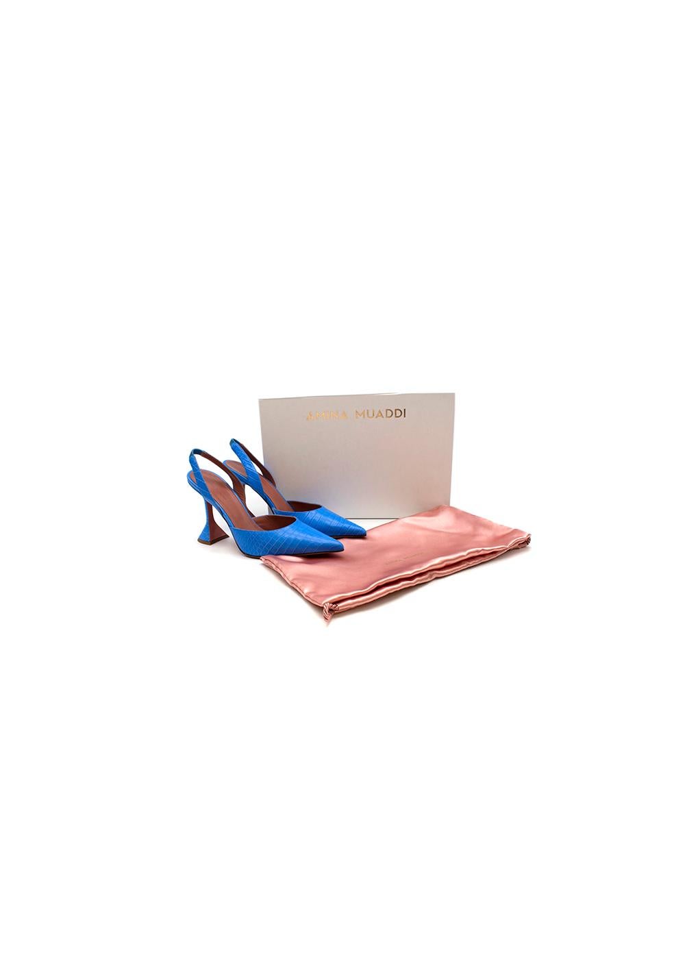 Bright blue croc embossed leather Holli slingback heeled pumps For Sale 3
