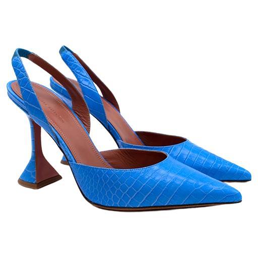 Bright blue croc embossed leather Holli slingback heeled pumps For Sale