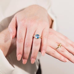 Bright Blue Cushion Cut Checkerboard Topaz and Diamond Vintage 9 Carat Gold Ring