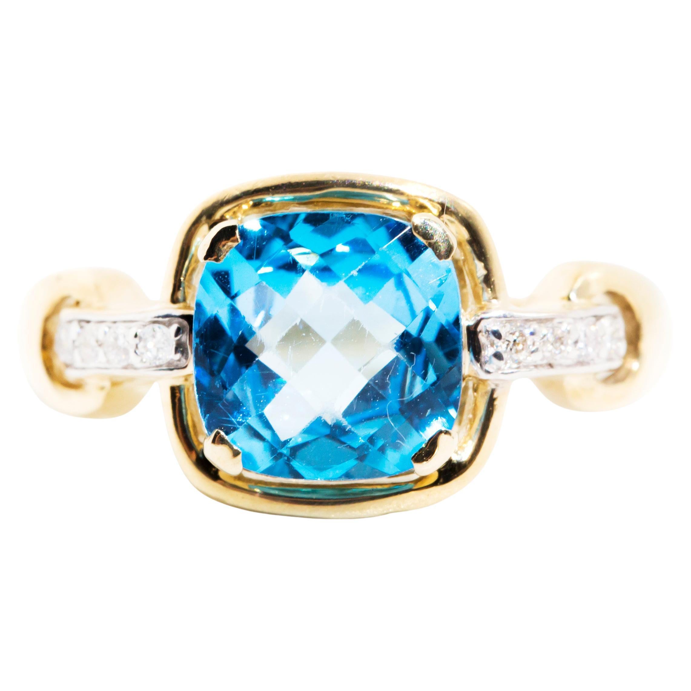Bright Blue Cushion Cut Checkerboard Topaz and Diamond Vintage 9 Carat Gold  Ring