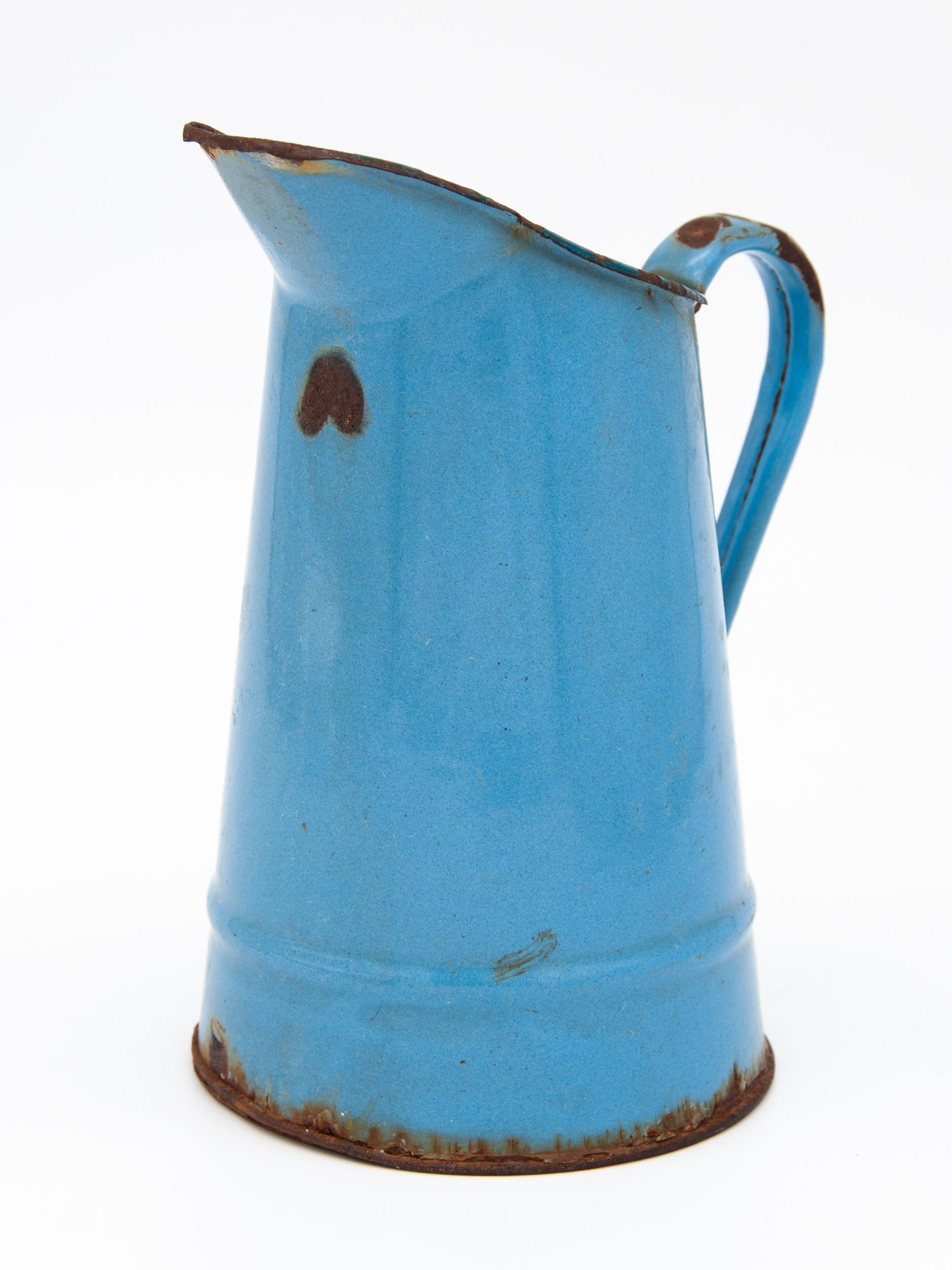 Bright Blue Enamel Pitcher In Distressed Condition In South Salem, NY