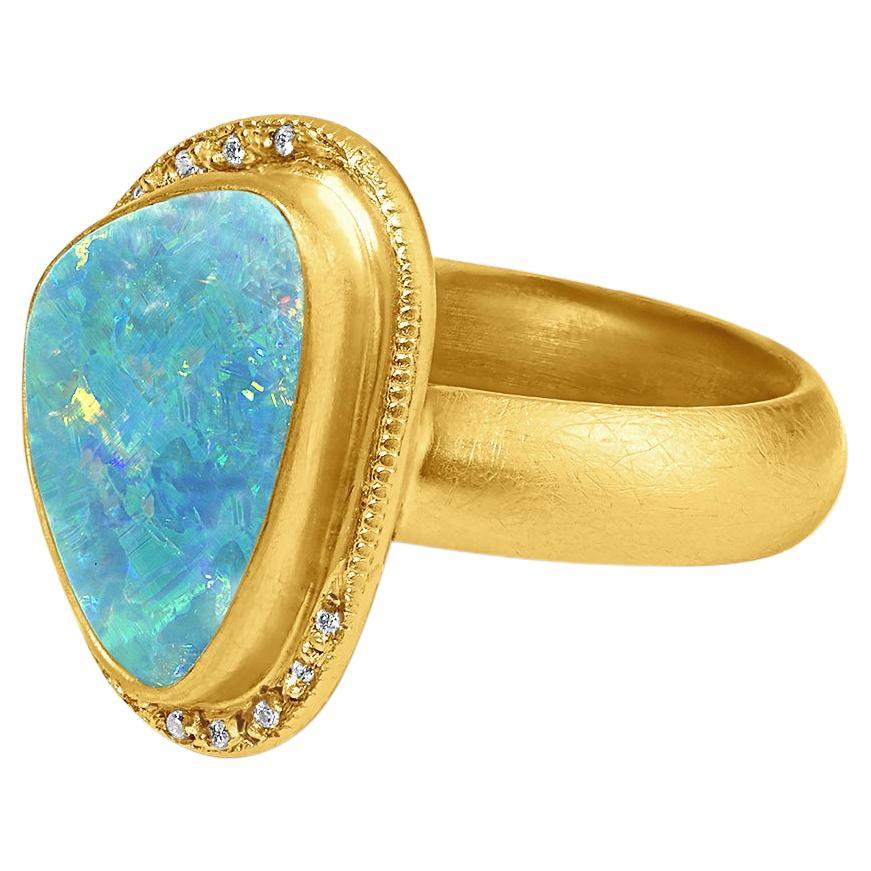 Striking, Bright Blue, Australian Boulder Opal, 24k Yellow Gold, Sterling Silver Hanedan Ring w/ 2.5ct Opal & Diamonds Slightly Adjustable
Hanedan ring with freeform, opal and diamonds, 24kt Gold and Silver, (Kurtulan's 24kt gold-fused on sterling