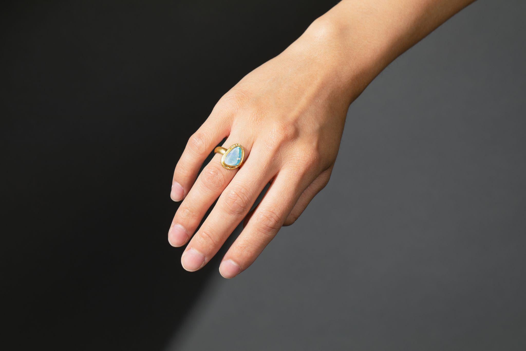 Contemporary Bright Blue Freeform 2.5ct Australian Boulder Opal Diamonds 24K Gold Silver Ring For Sale