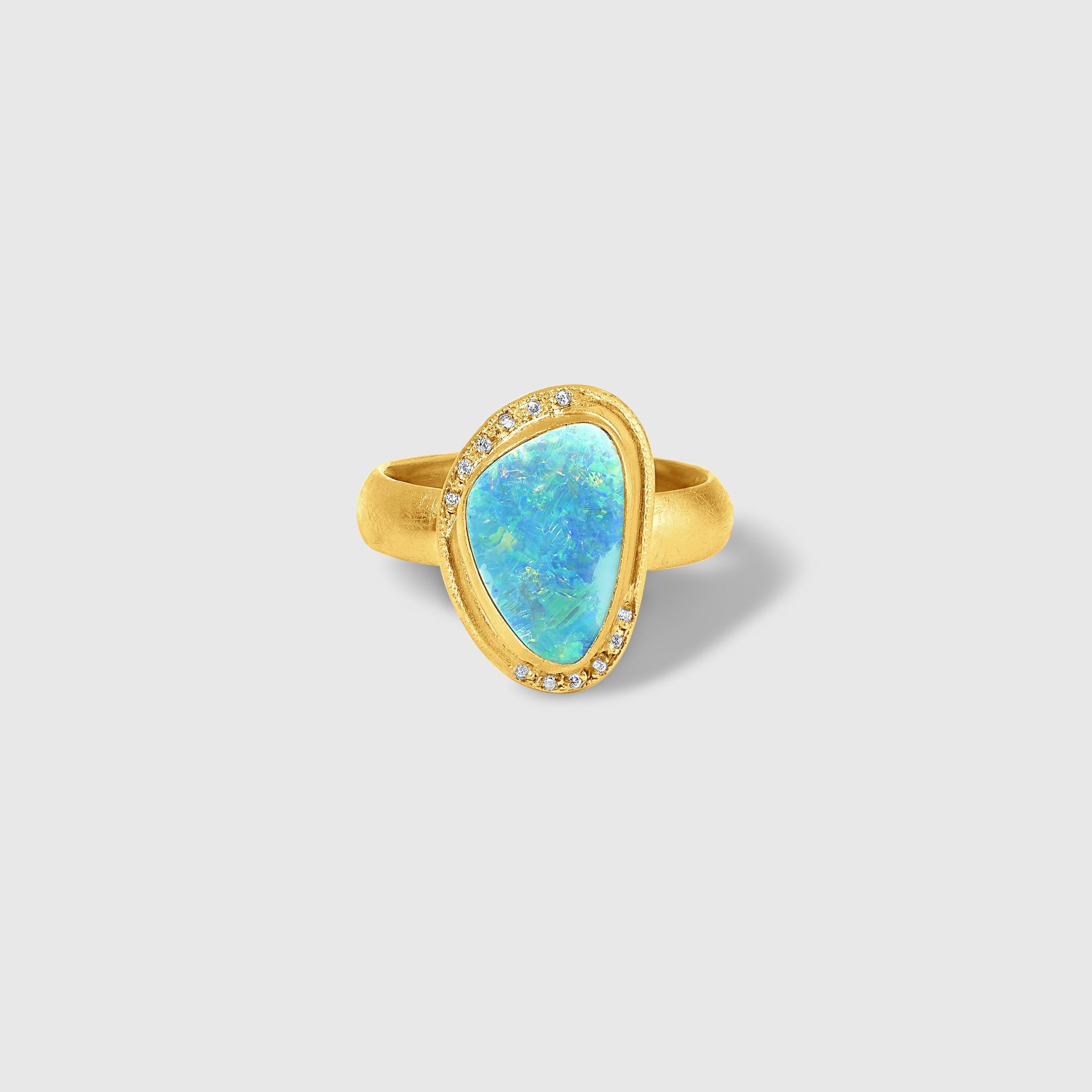 Round Cut Bright Blue Freeform 2.5ct Australian Boulder Opal Diamonds 24K Gold Silver Ring For Sale