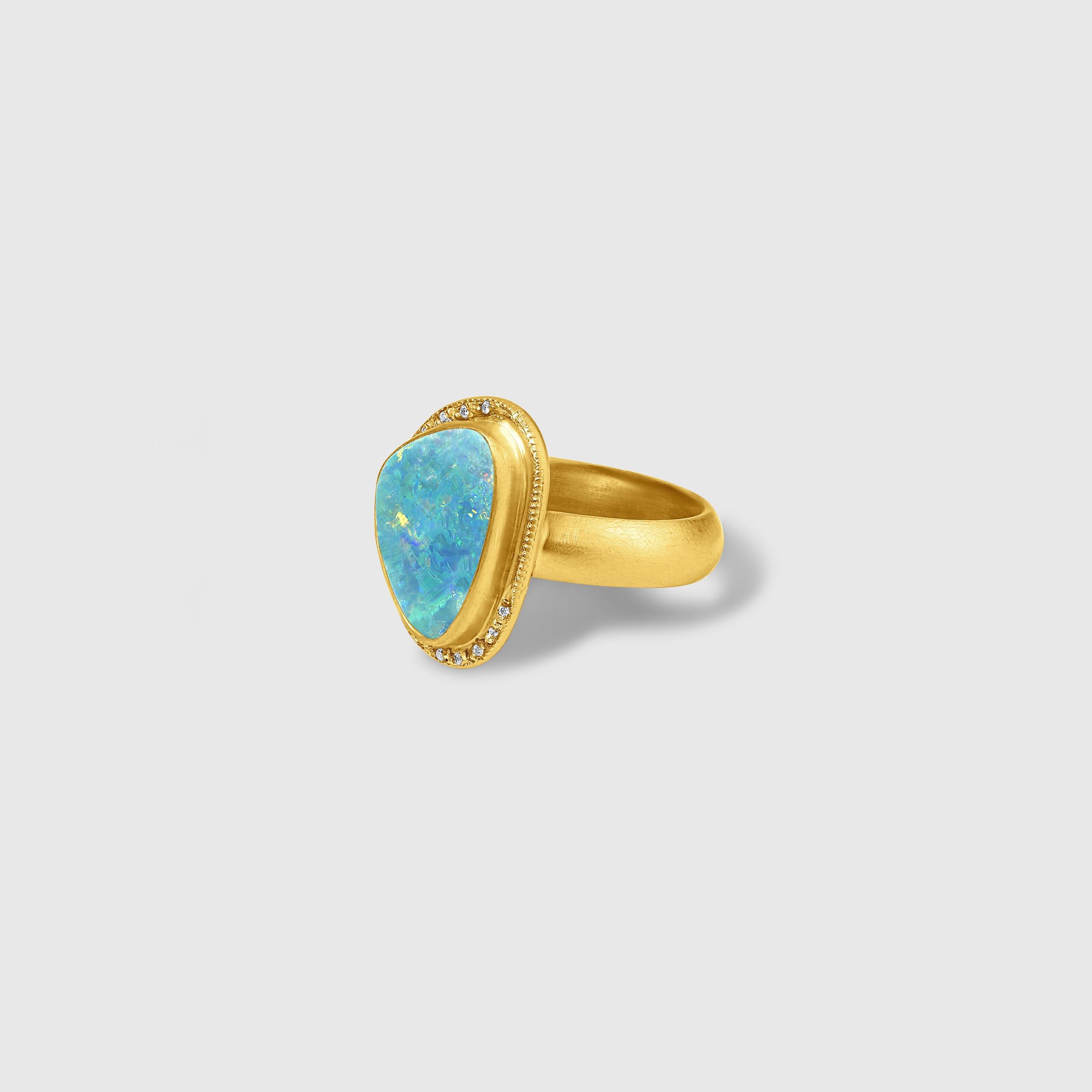 Bright Blue Freeform 2.5ct Australian Boulder Opal Diamonds 24K Gold Silver Ring For Sale 1