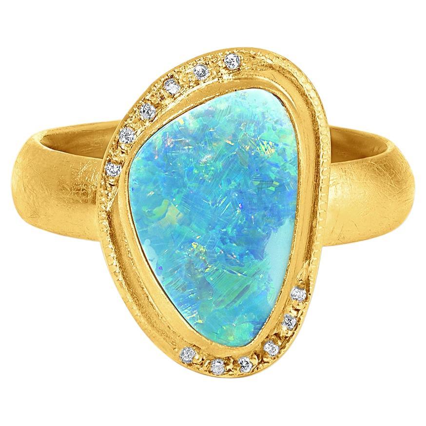 Bright Blue Freeform 2.5ct Australian Boulder Opal Diamonds 24K Gold Silver Ring