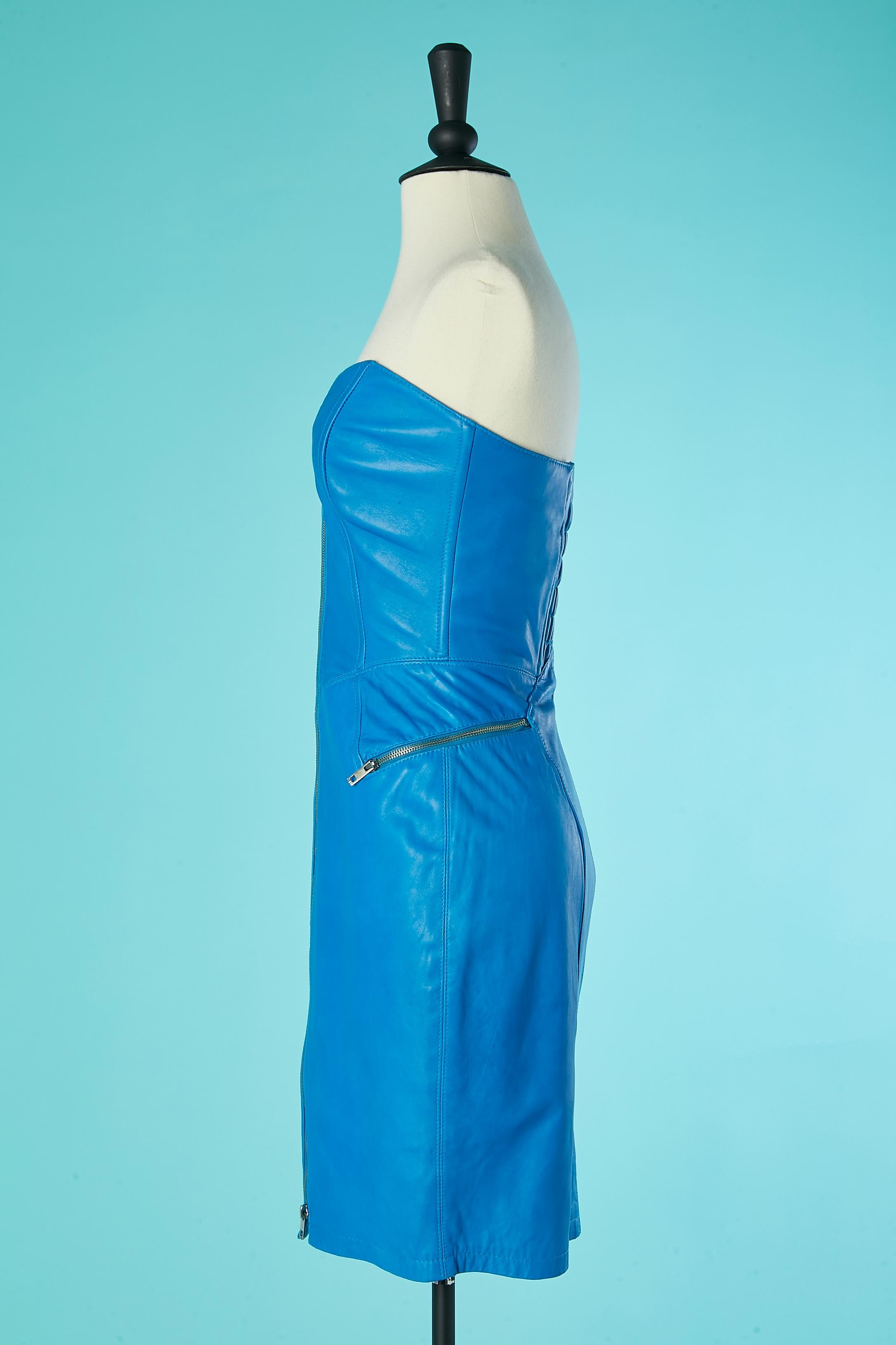 Bright blue leather bustier dress Michael Hoban for North Beach Leather In Good Condition In Saint-Ouen-Sur-Seine, FR