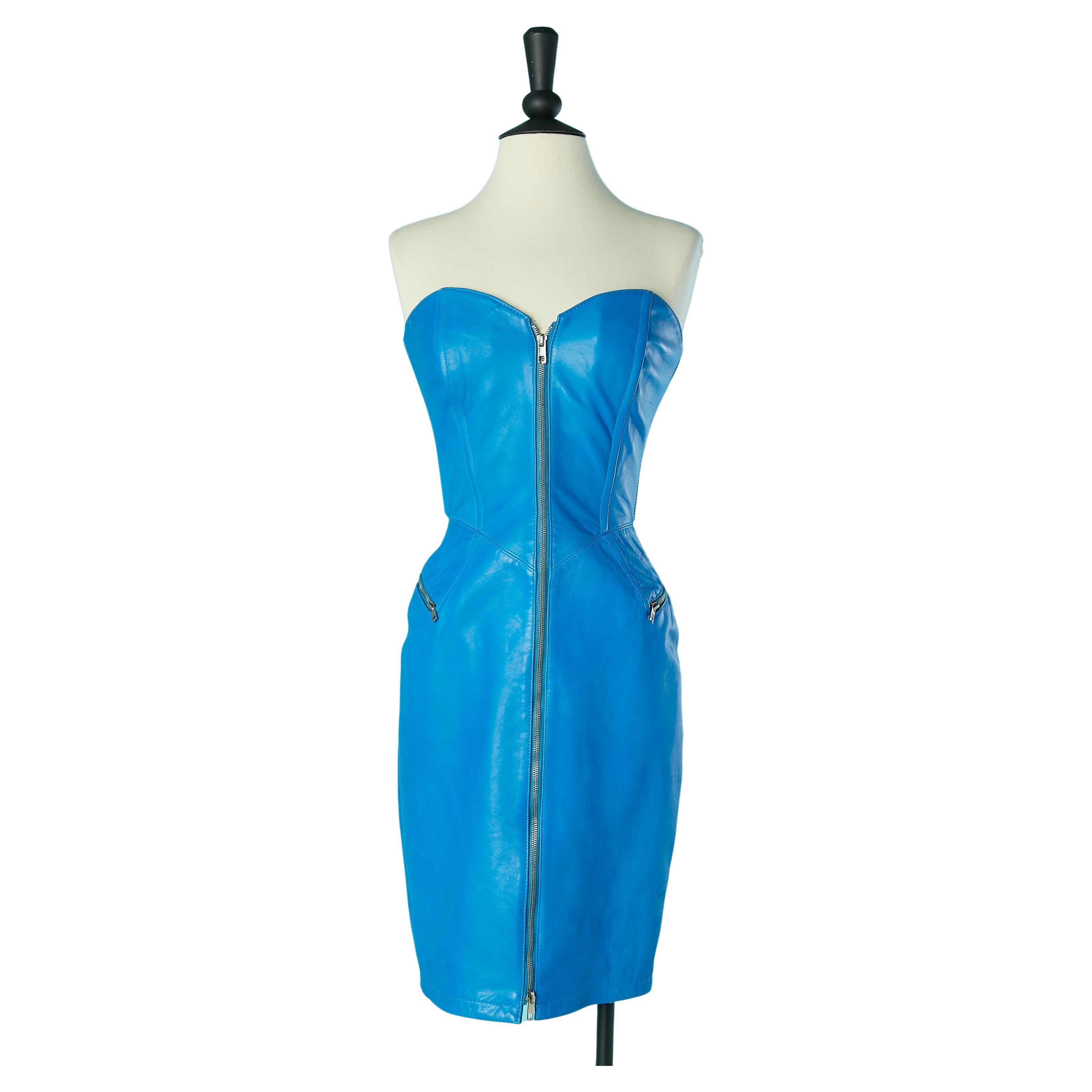 Bright blue leather bustier dress Michael Hoban for North Beach Leather