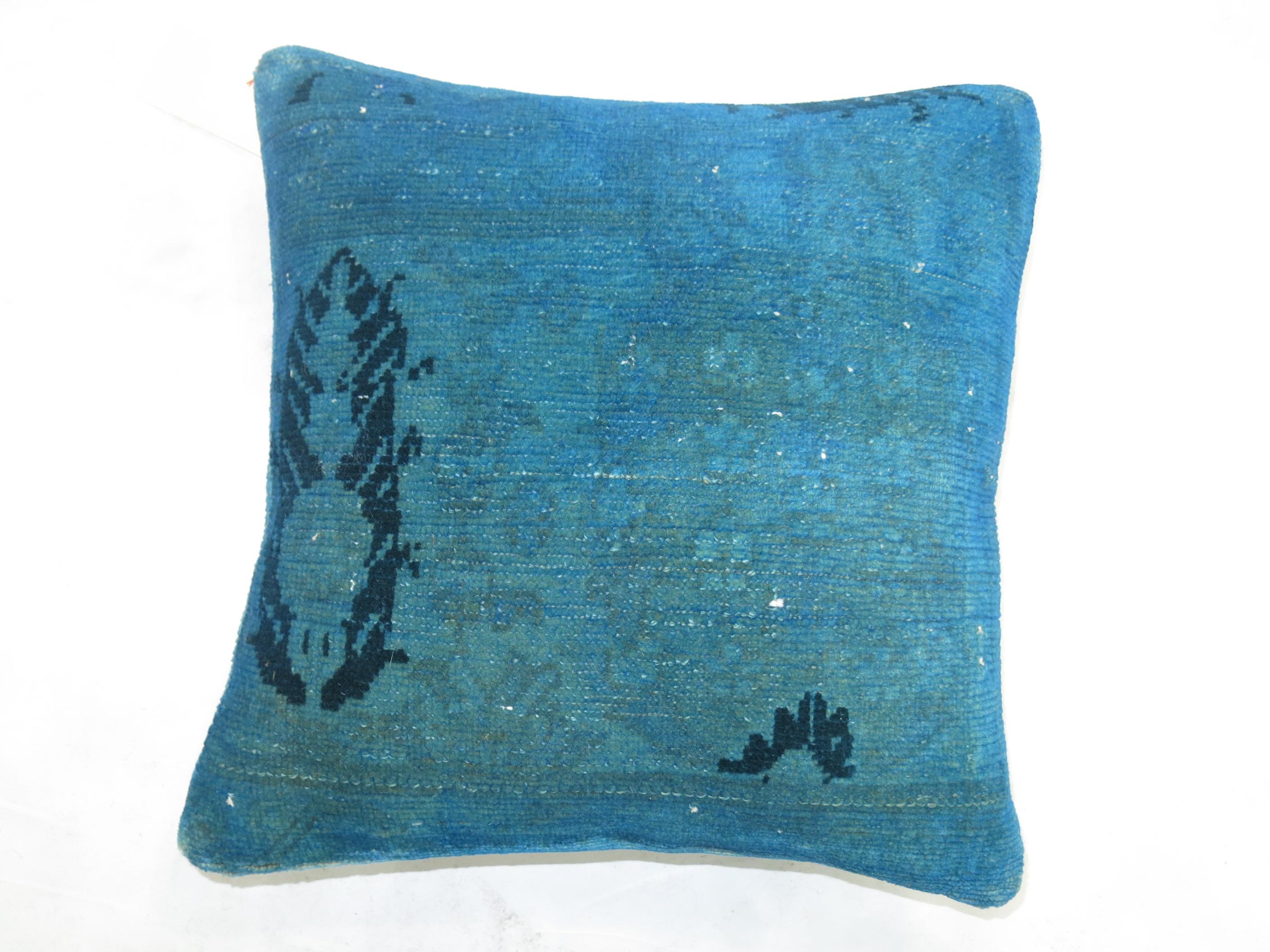 Minimalist Bright Blue over Dyed Square Turkish Rug Pillow