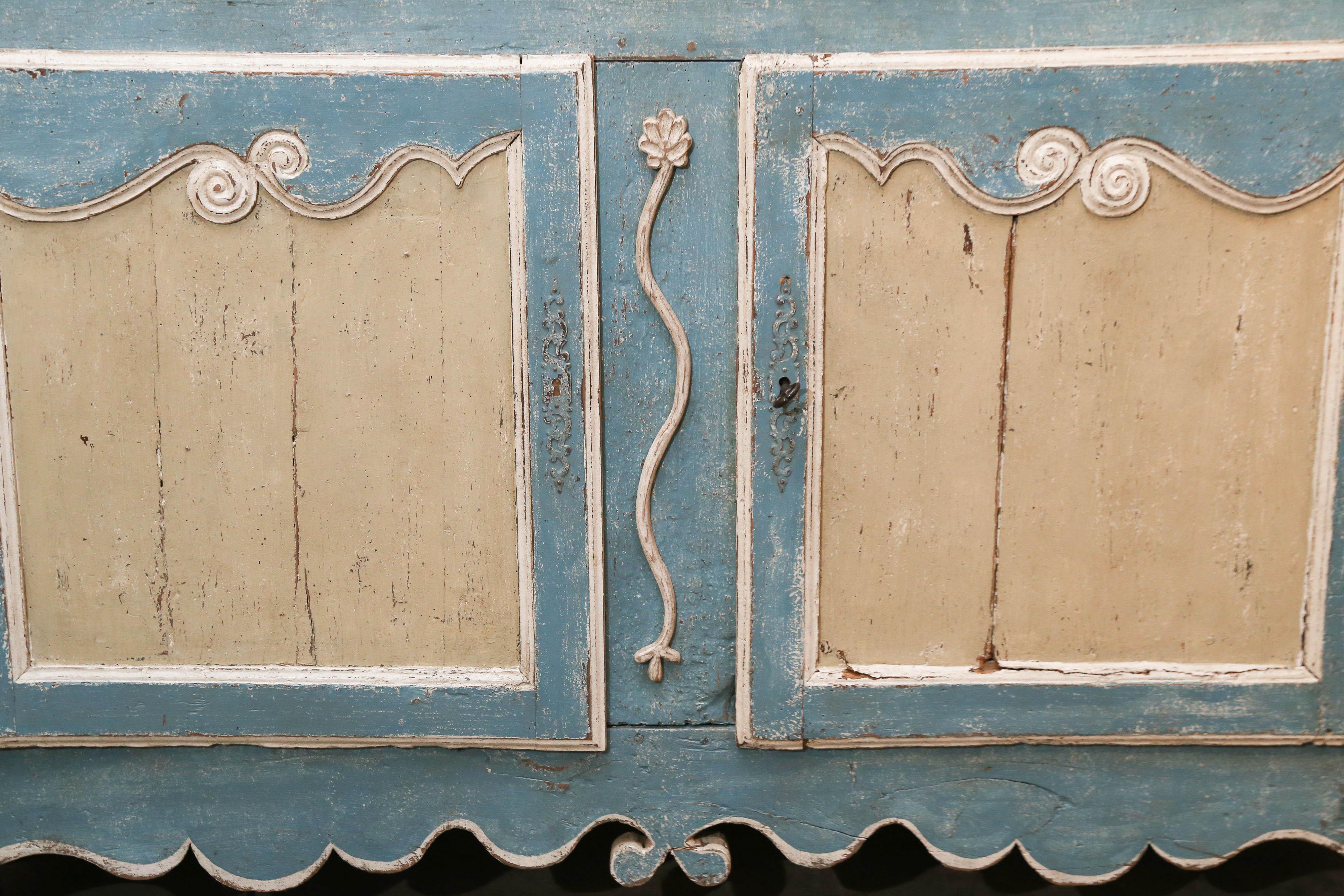 Louis XV Bright Blue Painted Antique French Buffet Deux Corps For Sale