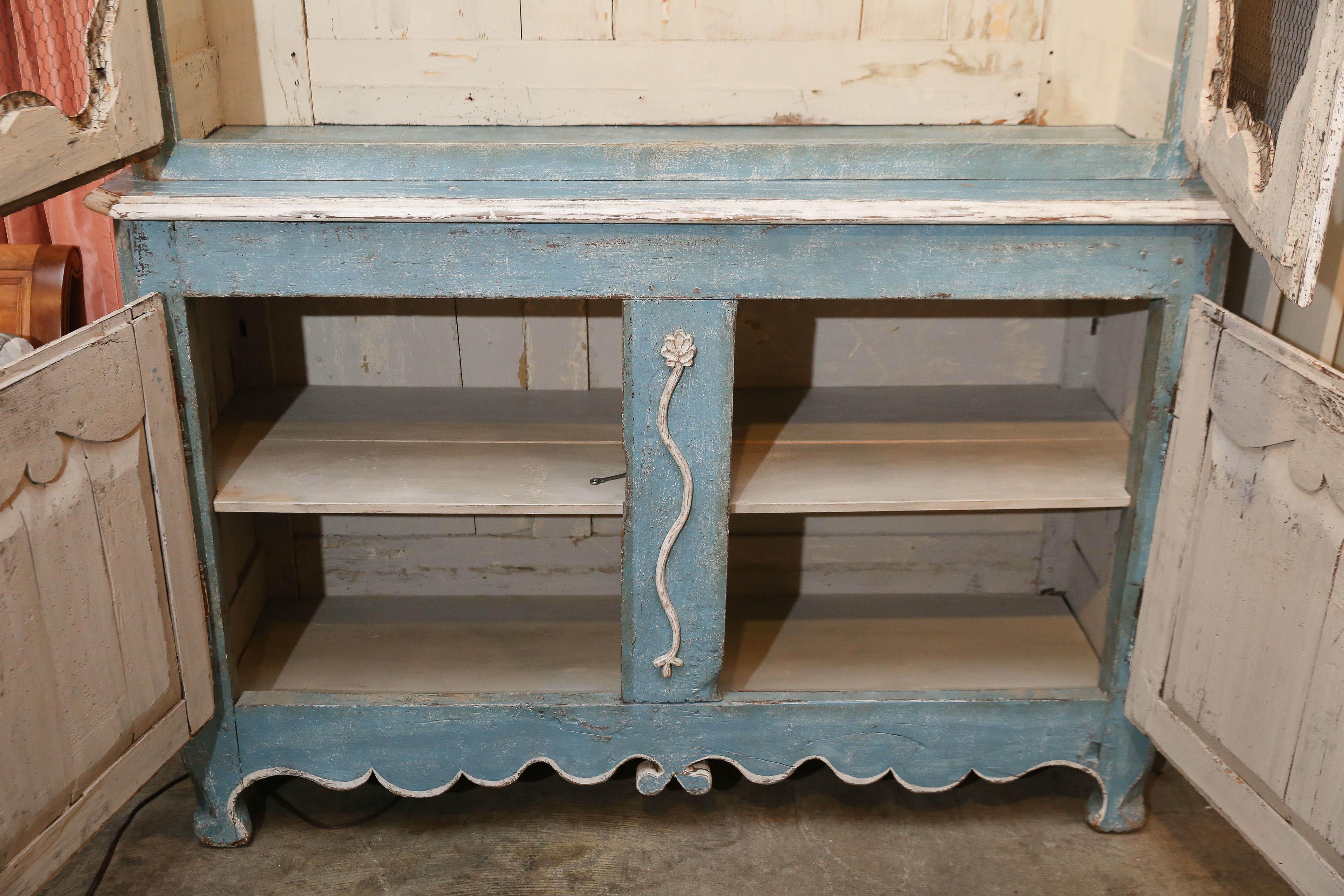 Bright Blue Painted Antique French Buffet Deux Corps In Fair Condition For Sale In Houston, TX