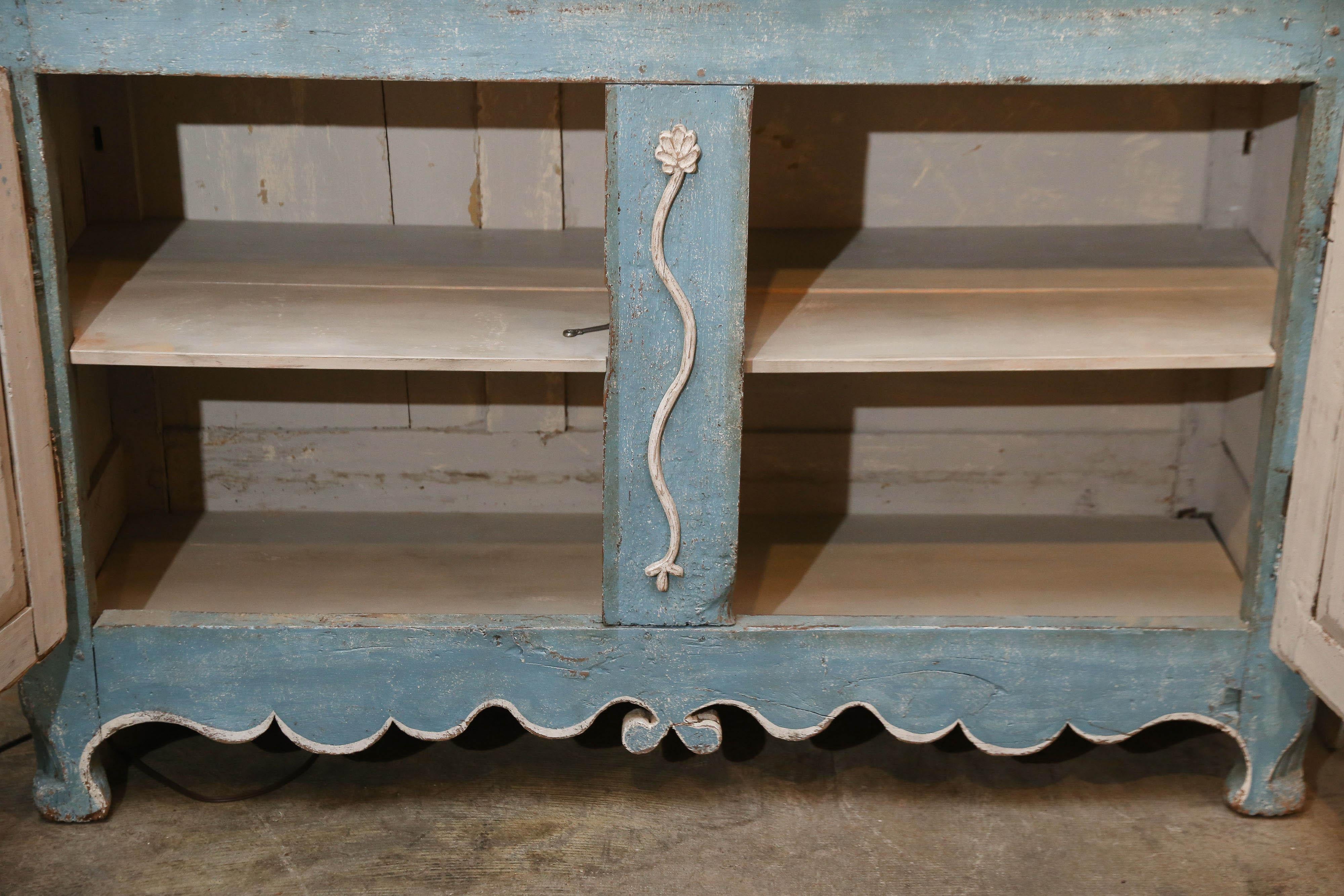 Wood Bright Blue Painted Antique French Buffet Deux Corps For Sale