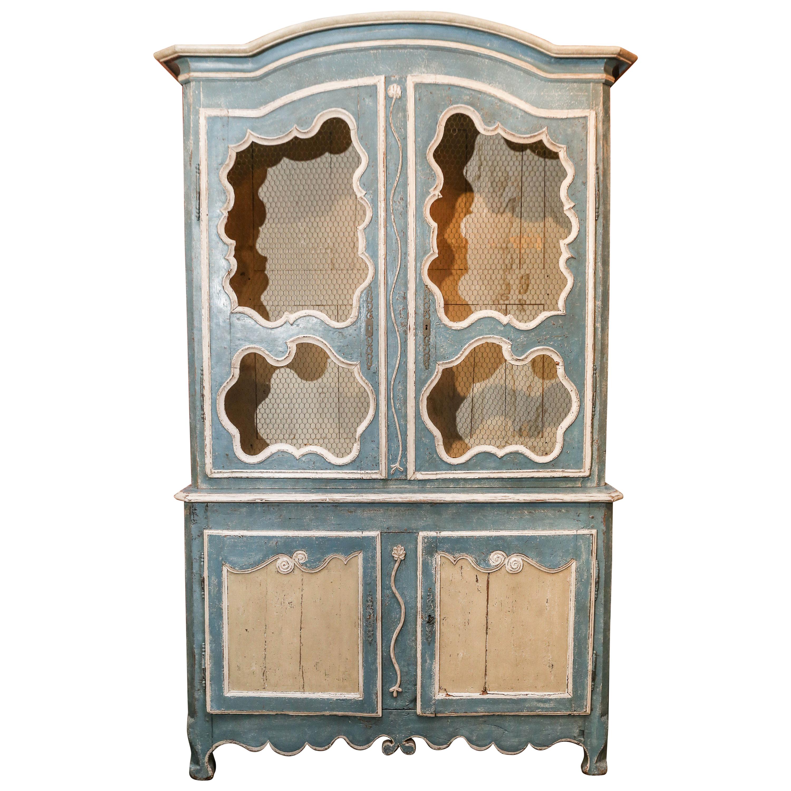 Bright Blue Painted Antique French Buffet Deux Corps For Sale