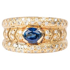 Bright Blue Sapphire on Wide Diamond Ring 18K Gold 6g+ R6667
