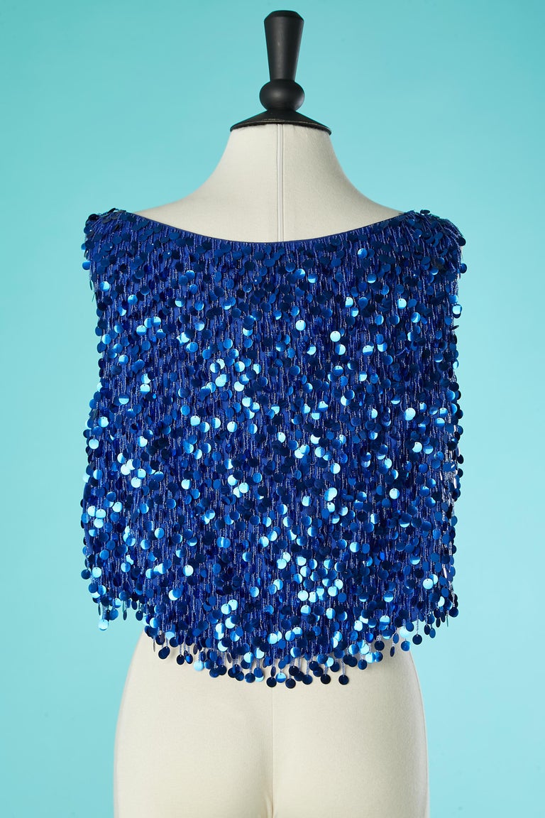 Top blu brillante con frange di perle di vetro e paillettes Milady