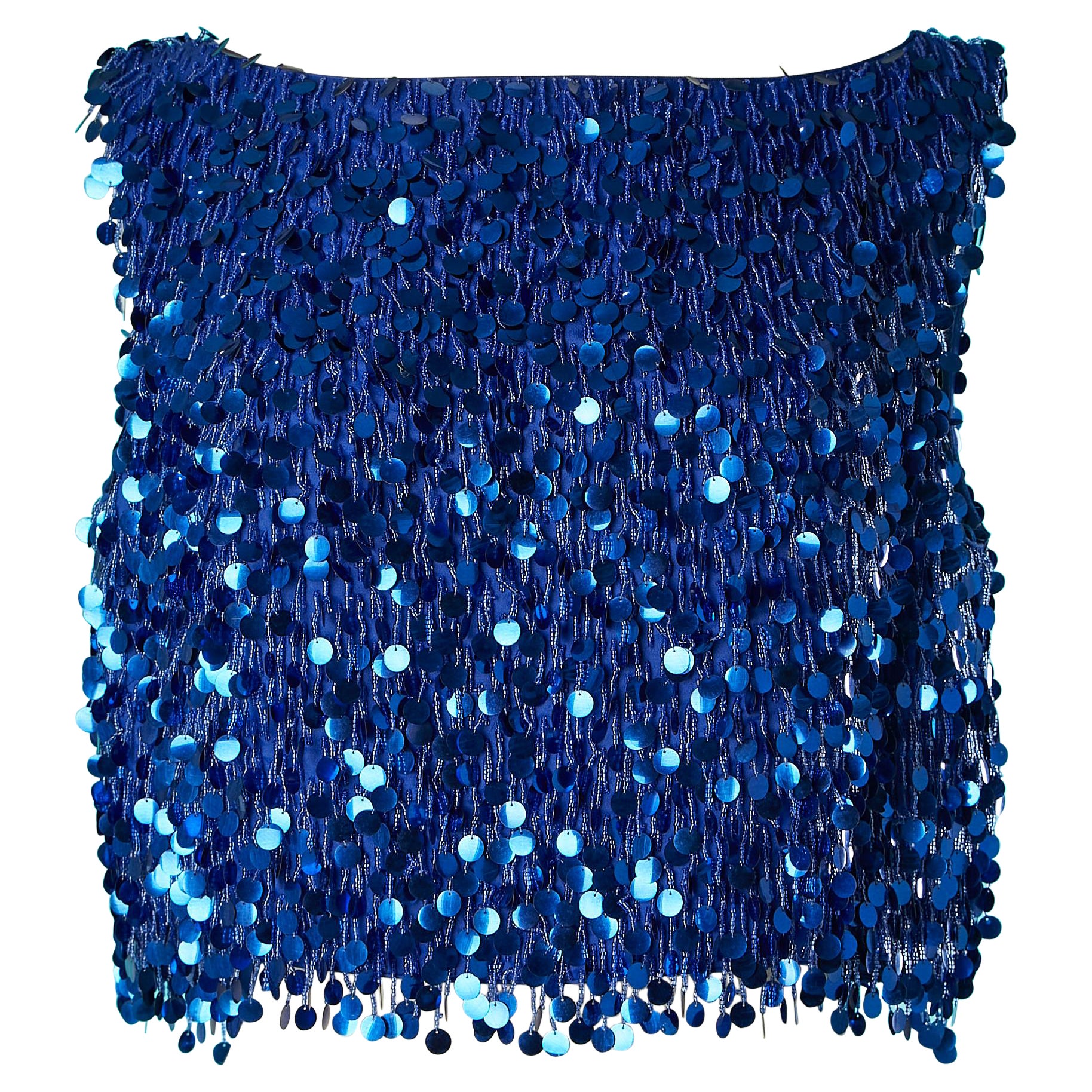Top blu brillante con frange di perle di vetro e paillettes Milady