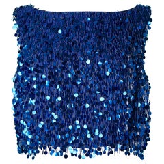 Vintage Bright blue top with glass beads fringes and sequins Milady
