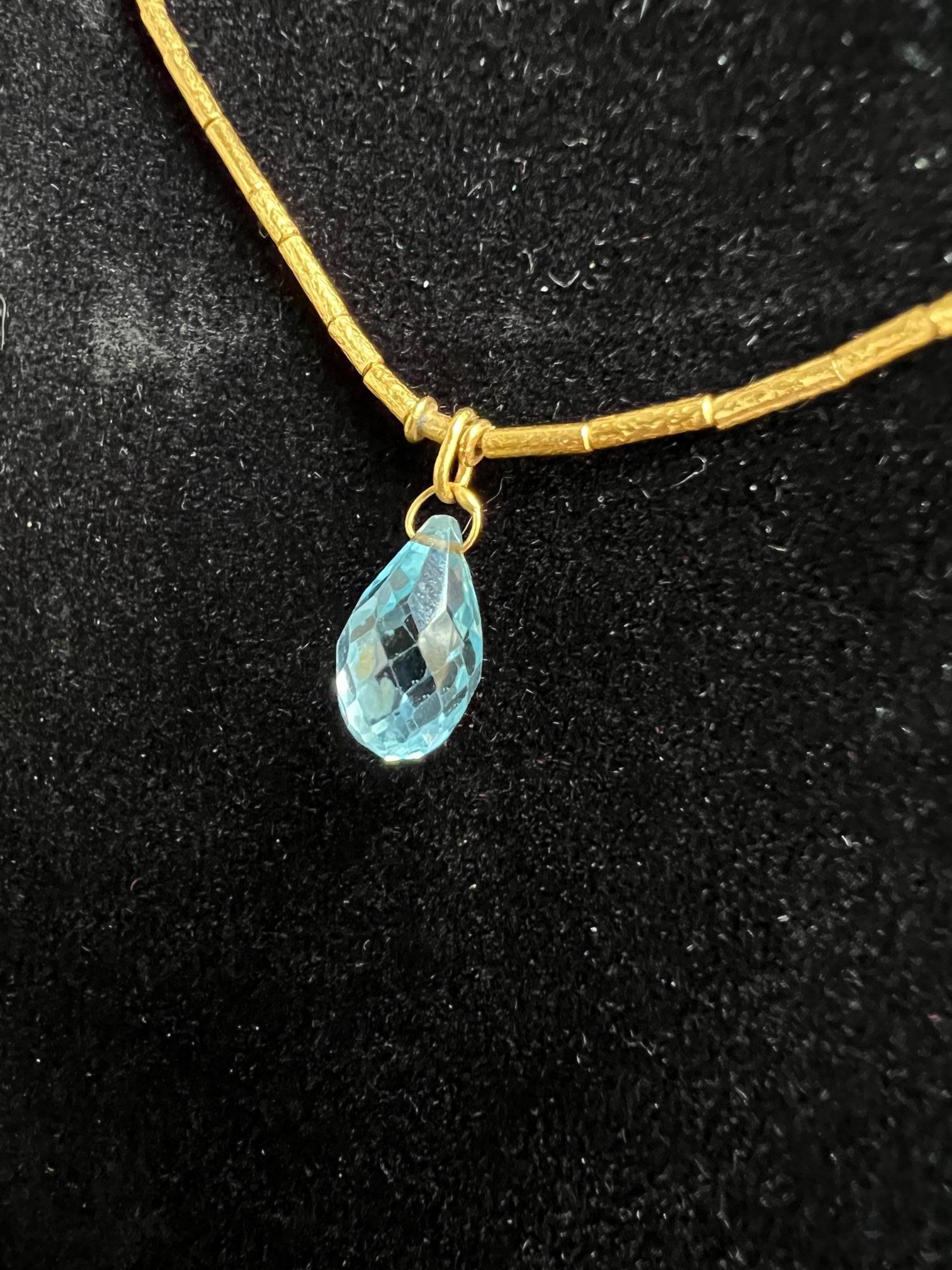 Artisan Bright Blue Topaz Gurhan Pendant Necklace On 24k Gold Chain For Sale