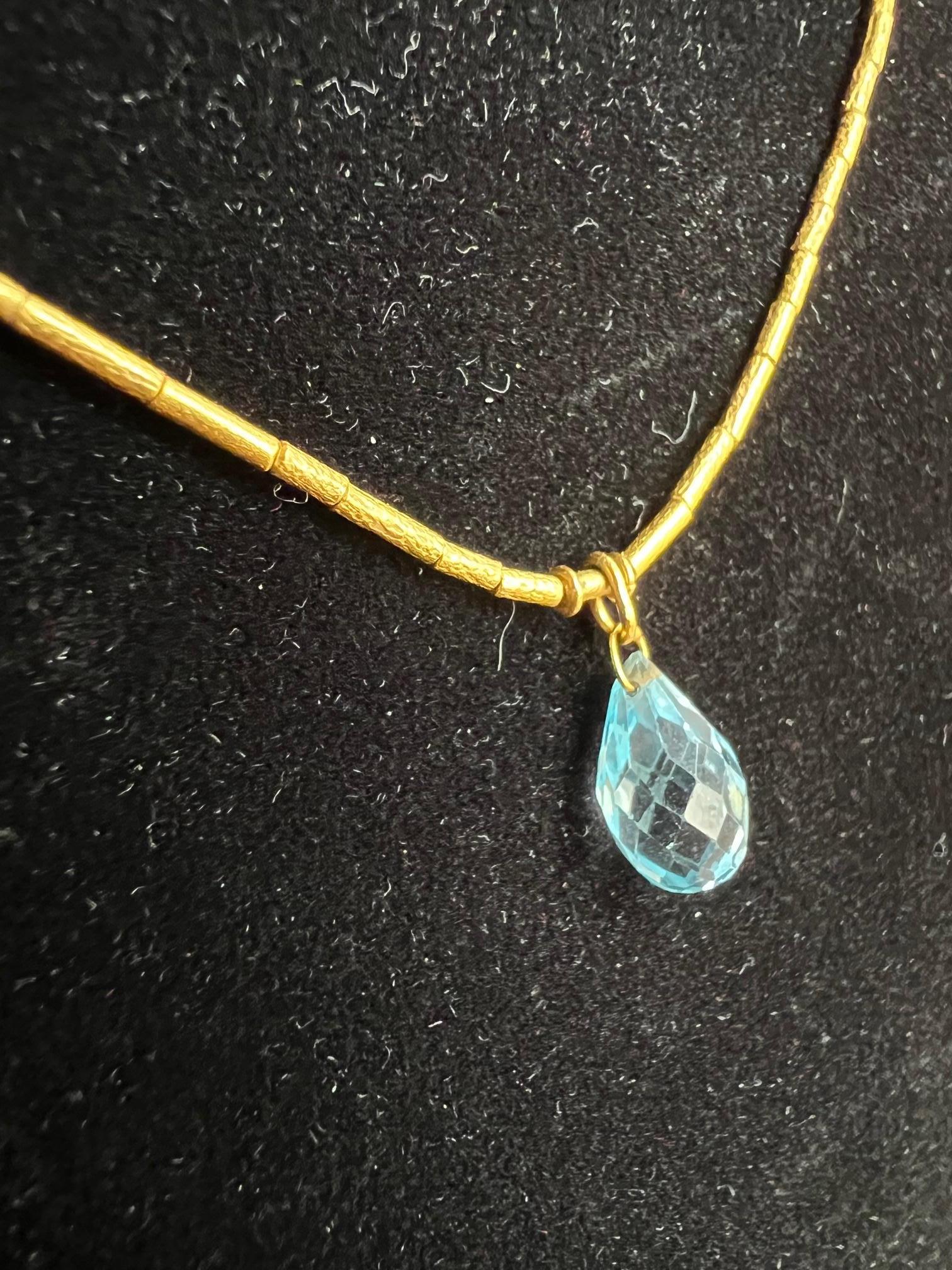 Briolette Cut Bright Blue Topaz Gurhan Pendant Necklace On 24k Gold Chain For Sale